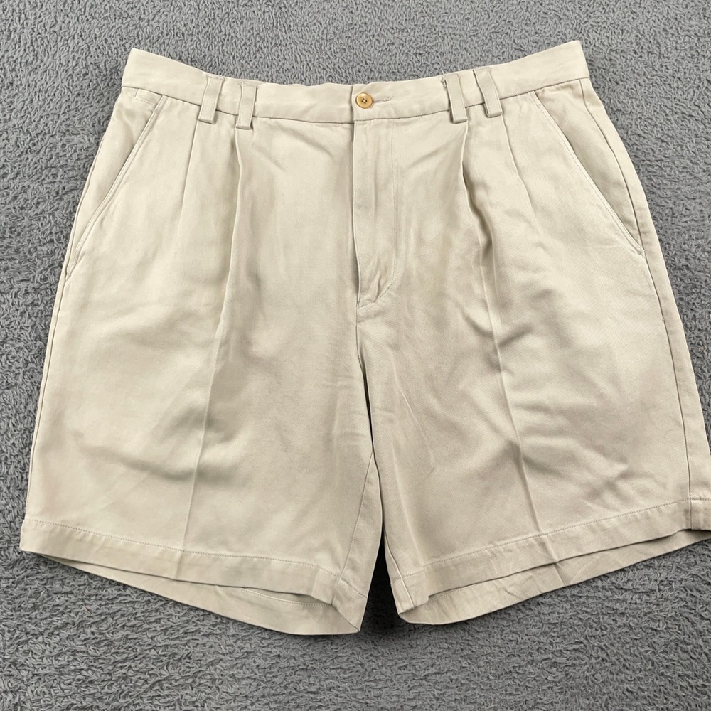 Tommy Bahama Shorts Mens 34 Khaki 100% Silk Pleated 7" Breathable Casual Summer